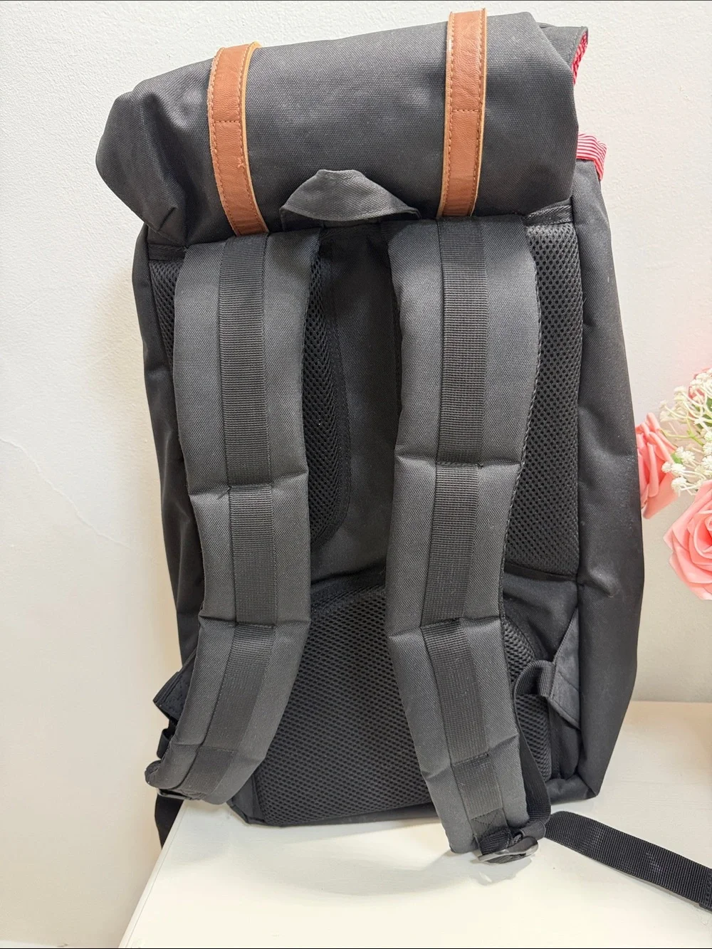 Herschel Supply Company Black Backpack with Brown Straps and Pink Lining